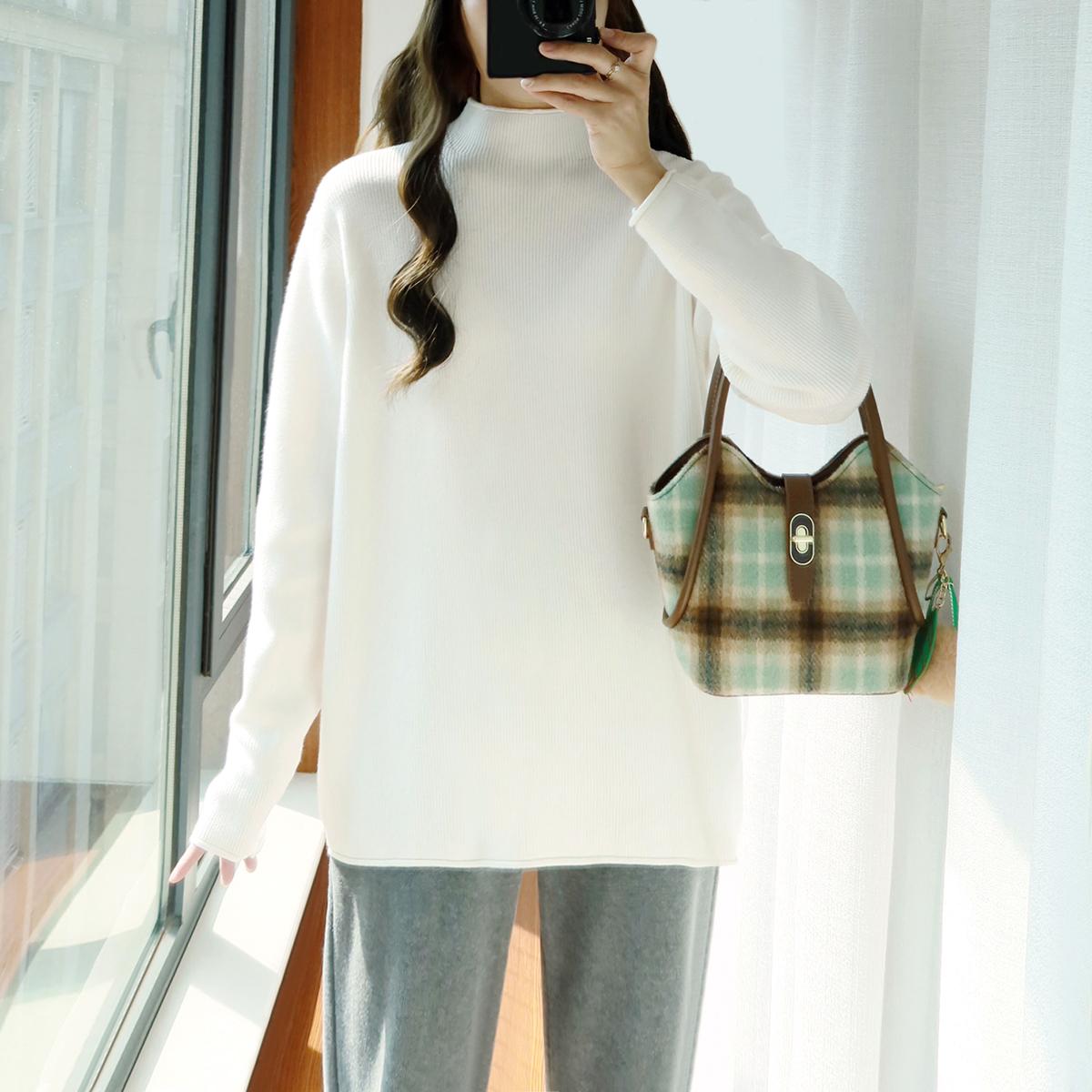 大码针织衫打底衫女遮肚子半高领