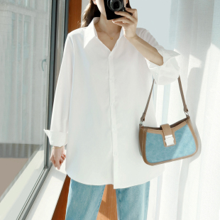 遮屁股秋新款 大码 正肩长袖 女胖mm洋气中长款 纯色雪纺衬衣叠穿 衬衫