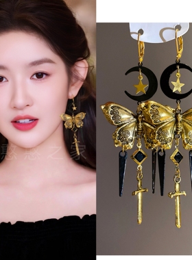 黑色流苏复古中式风耳环耳饰耳钉耳夹耳坠旅游度假饰品2025秋冬新