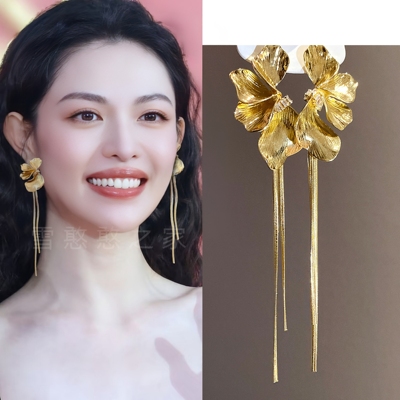钟楚曦同款金色花朵流苏耳环耳饰耳钉耳夹耳坠2025新款旅游度假