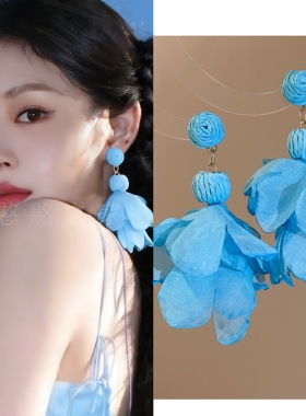 海边旅游度假蓝色花朵耳环耳饰耳钉耳夹耳坠2026春夏新款女饰品潮