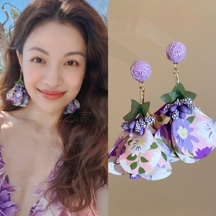 钟楚曦同款耳环紫色布艺耳饰耳钉耳夹耳坠2025春夏新款旅游度假风