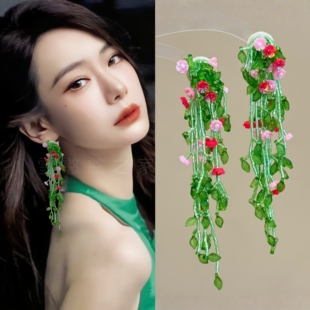 戚薇同款旅游度假绿色花朵流苏耳环耳饰耳钉耳夹耳坠饰品2025春夏