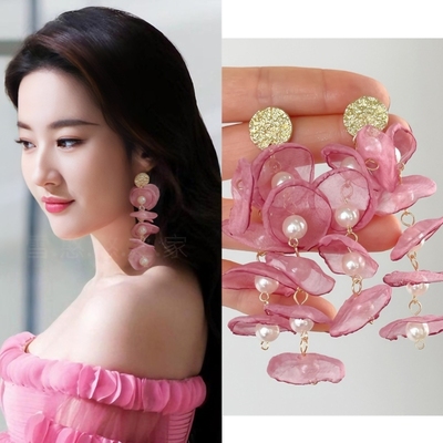 刘亦菲同款耳环粉色长款耳饰耳钉耳夹耳坠2025春夏新款旅游度假女