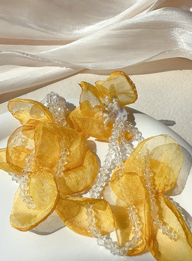 黄色串珠布艺耳环耳夹耳饰耳钉耳坠2025春夏新款旅游度假饰品女潮