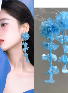 张婧仪同款旅游度假蓝色花朵流苏耳环耳饰耳钉耳坠耳夹2025春夏新