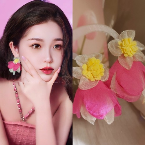虞书欣同款耳环粉色布艺花朵旅游耳饰耳钉耳坠2024春夏新款女潮流