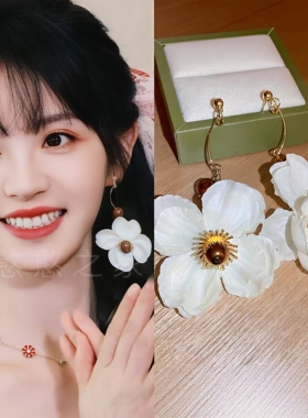 白色花朵耳环女适合海边旅游度假的耳饰大脸显瘦夸张耳坠耳夹耳钉