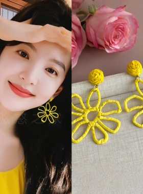 章若楠同款旅游度假黄色花朵流苏耳环耳饰耳钉耳夹耳坠2025春夏女