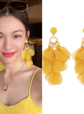 钟楚曦同款耳环黄色布艺花朵流苏旅游度假耳饰耳钉耳夹2025春夏新