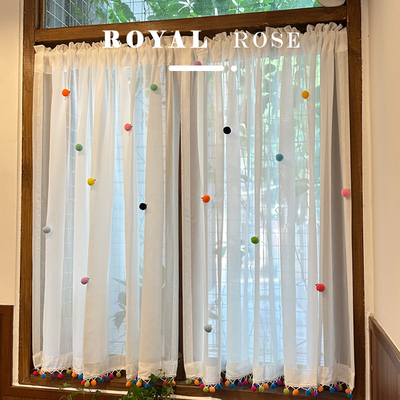 儿童房日式奶油风纱帘彩色流苏飘窗窗帘免打孔阳台遮阳帘白纱门帘