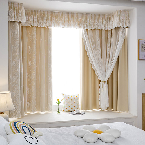 法式少女双层蕾丝窗帘布纱一体飘窗短帘落地窗阳台客厅卧室帘头