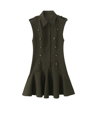 欧美风无袖纯色连衣裙女双排扣翻领修身马甲气质短裙百褶显瘦短裙