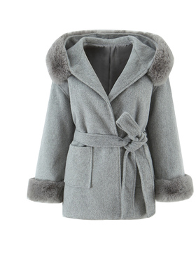 2026秋冬新款灰色毛呢外套女中长款上衣连帽系带收腰显瘦气质大衣