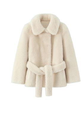 欧美风翻领系带毛绒大衣女中长款人造皮草效果外套2026早春上衣