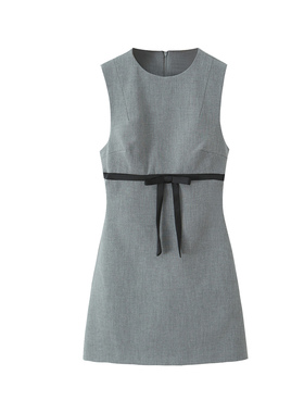 欧美风经典无袖连衣裙女灰色蝴蝶结西装质感修身短裙显气质背心裙