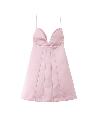 欧美风V领蝴蝶结吊带连衣裙粉色收腰露背性感时尚气质背心女短裙