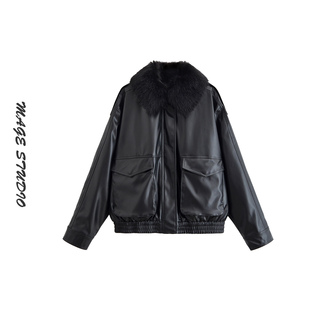 欧美风黑色毛领皮衣女短款复古机车夹克外套百搭夹克风衣棒球服