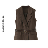 双排扣西装 2026早春新款 通勤风无袖 马甲女腰带百搭气质背心女外套