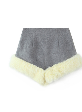2026早春新款高腰毛绒边短裤女灰色拼接皮草休闲裤冬季保暖打底裤
