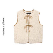 早春轻熟风蝴蝶结羊羔绒马甲女通勤显瘦无袖 背心外套米色直筒夹克