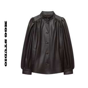 轻熟风立领皮衣女宽松长袖 百搭外套单排扣pu皮夹克棒球服 黑色时尚