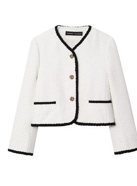 轻奢小香风白色短款夹克外套女金属扣饰镶边圈绒气质宽松开衫上衣