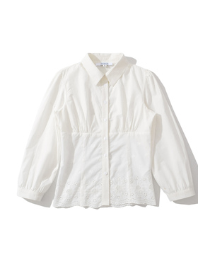 法式复古蕾丝拼接假两件衬衫女早春新款法式polo领白色泡泡袖上衣