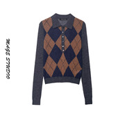 打底衫 学院风菱形格纹翻领针织衫 套头毛衣短款 薄款 女长袖 POLO衫