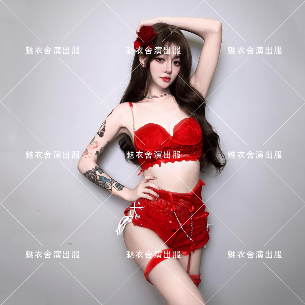 节日酒吧GOGO服装女领舞性感DS演出服dj舞台大气歌手红色蕾丝套装