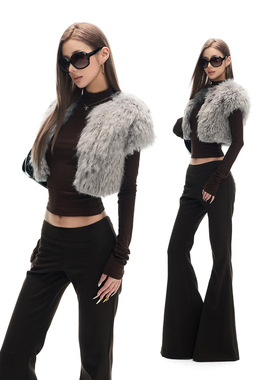 Fanptntox灰色无弹修身毛毛高腰短外套高街无袖收腰辣妹开衫上衣