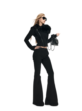 Fanptntox·黑色加绒针织连帽外套女辣妹低腰修身休闲针织喇叭裤