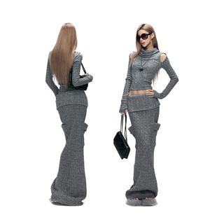 Fanptntox·灰色麻花毛衣女软糯亲肤露肩上衣弹力针织半身裙套装