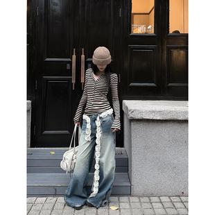 Fanptntox Highline侧边拉链阔腿牛仔裤女春季百搭垂感宽松长裤子