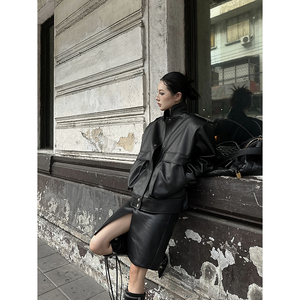 Fanptntox 工装夹克皮衣外套女秋季新款宽松美式复古超酷立领皮衣