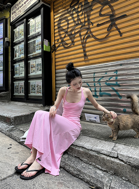 Fanptntox背心连衣裙女夏季新款粉色工字型U型领修身显瘦长款裙子