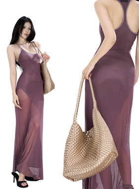 Fanptntox 迷情夏威夷 紫色U领网纱拼接吊带连衣裙度假收腰长裙子