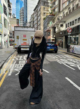 Fanptntox降落伞纸袋裤 黑色廓形低腰镰刀冲锋伞兵工装宽松阔腿裤