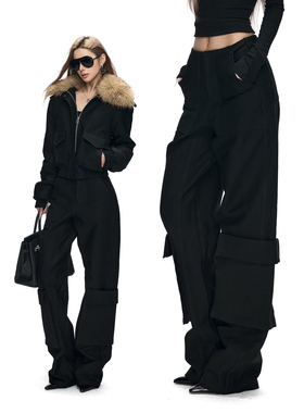 Fanptntox·黑色直筒宽松休闲裤女立体口袋设计感低腰显瘦工装裤