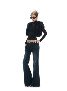 Fanptntox黑色无弹修身毛毛高腰短外套高街无袖收腰辣妹开衫上衣