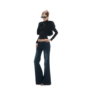 上衣 收腰辣妹开衫 Fanptntox黑色无弹修身 毛毛高腰短外套高街无袖