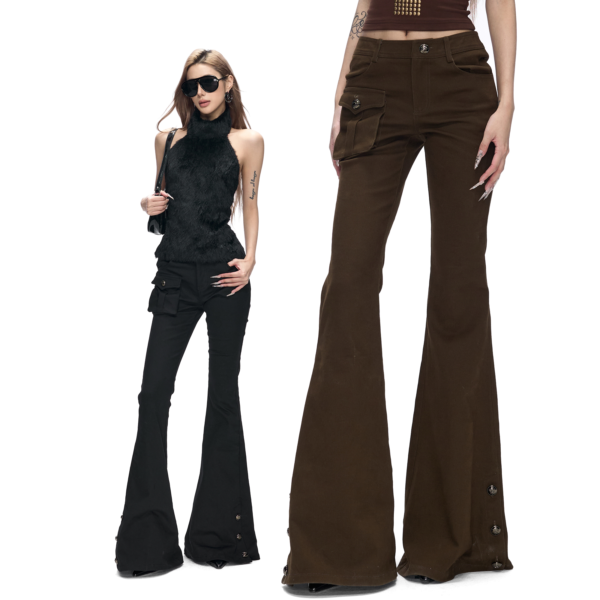 Fanptntox·【10/25上新85折】工装金属扣开衩修身弹力喇叭裤长裤