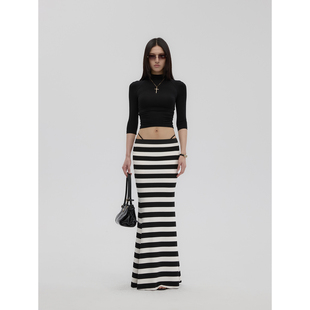 Fanptntox定位裁剪 提花黑白条纹半身裙修身包臀鱼尾针织半身裙