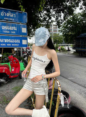 Fanptntox 辣妹白色字母印花吊带背心女夏季新款修身显瘦百搭上衣