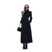 Fanptntox·黑色花苞大翻领长款 收腰毛呢外套经典 A字摆赫本风大衣