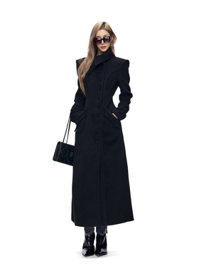 Fanptntox·黑色花苞大翻领长款收腰毛呢外套经典A字摆赫本风大衣