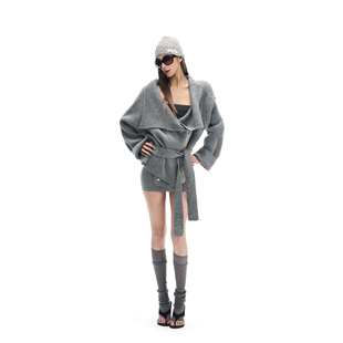 Fanptntox宽松弹力羊毛针织上衣开衫系带收腰显瘦保暖毛衣外套