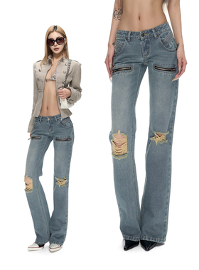 Fanptntox 浅蓝色水洗直筒修身低腰牛仔裤女辣妹设计感破洞长裤