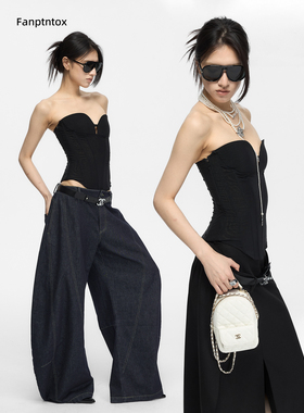 Fanptntox 辣妹性感黑色显瘦高弹束腰鱼骨抹胸收腹塑身无袖上衣女