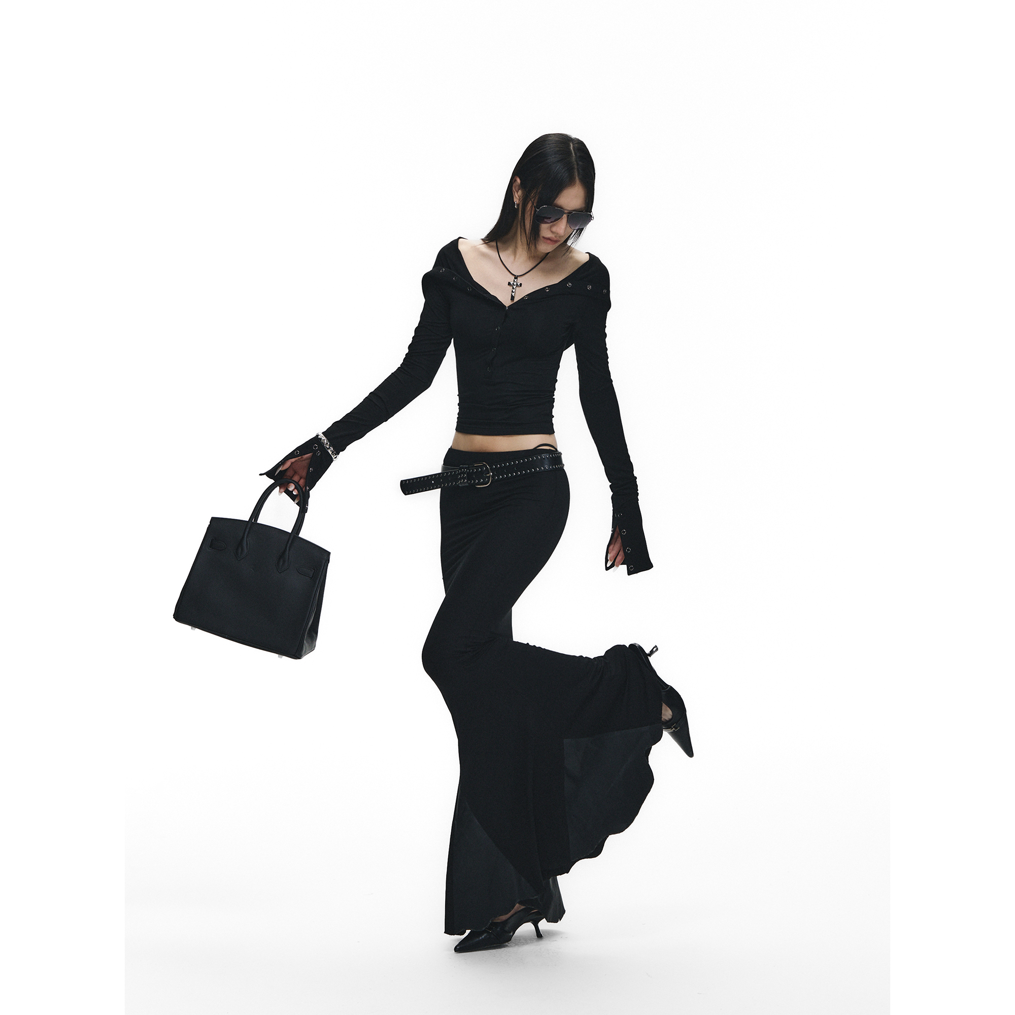 连帽针织上衣女鱼尾拼皮半裙套装